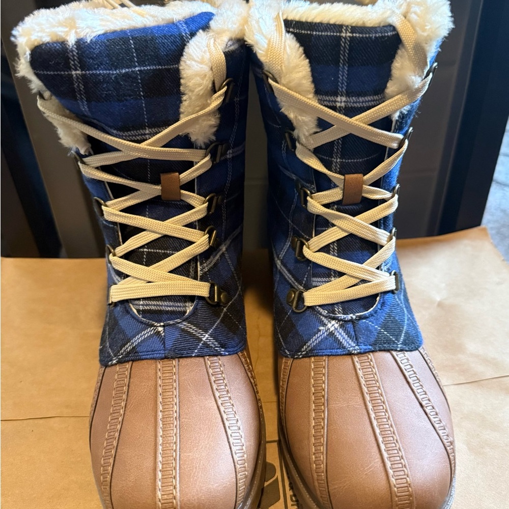 Shoe Dazzle Blue Plaid and Brown Winter Boots